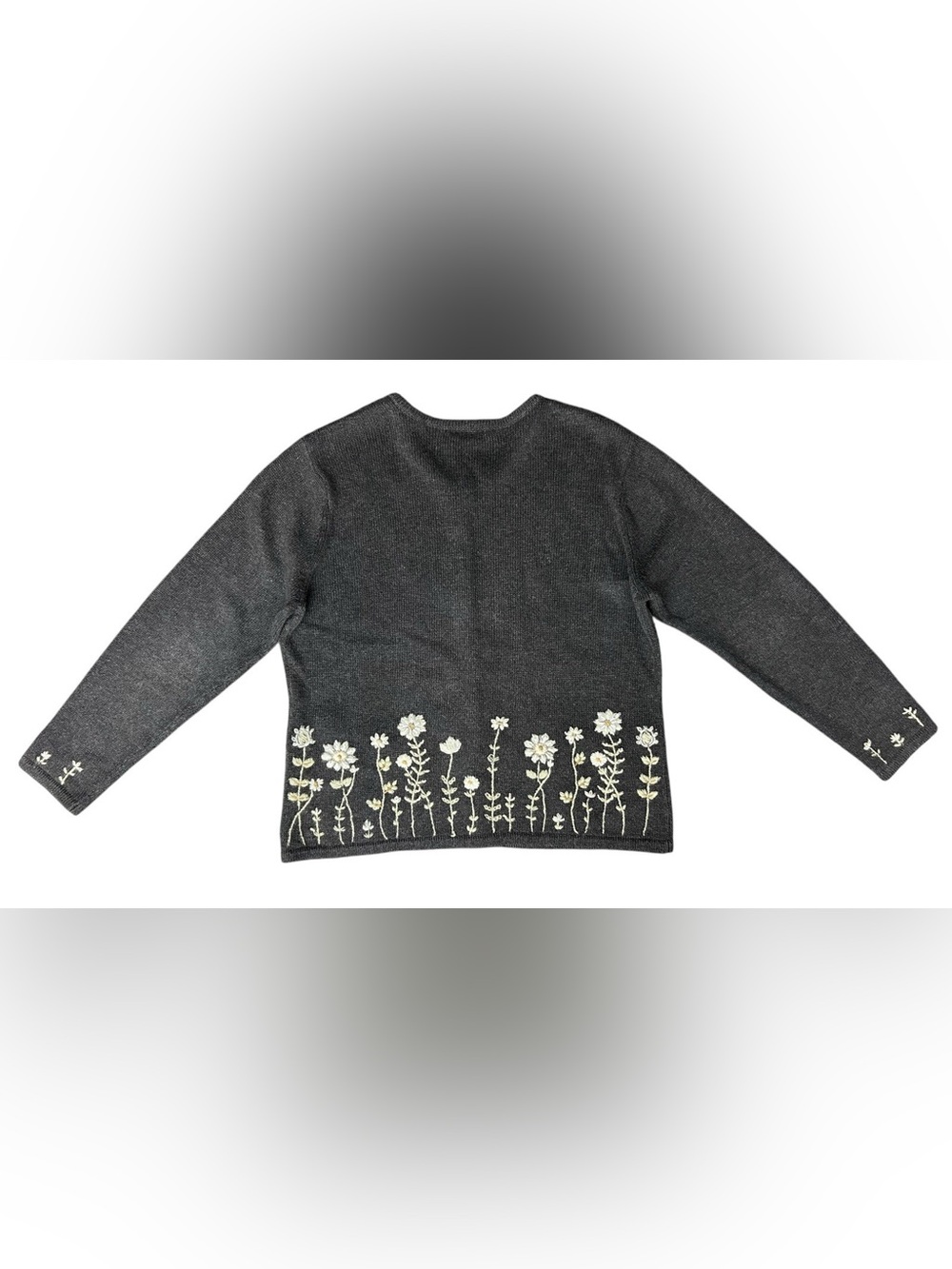 Vintage Talbots Gray Floral Knitted MOP Button Cardigan Petite MED GrandmaCore - Picture 2 of 8